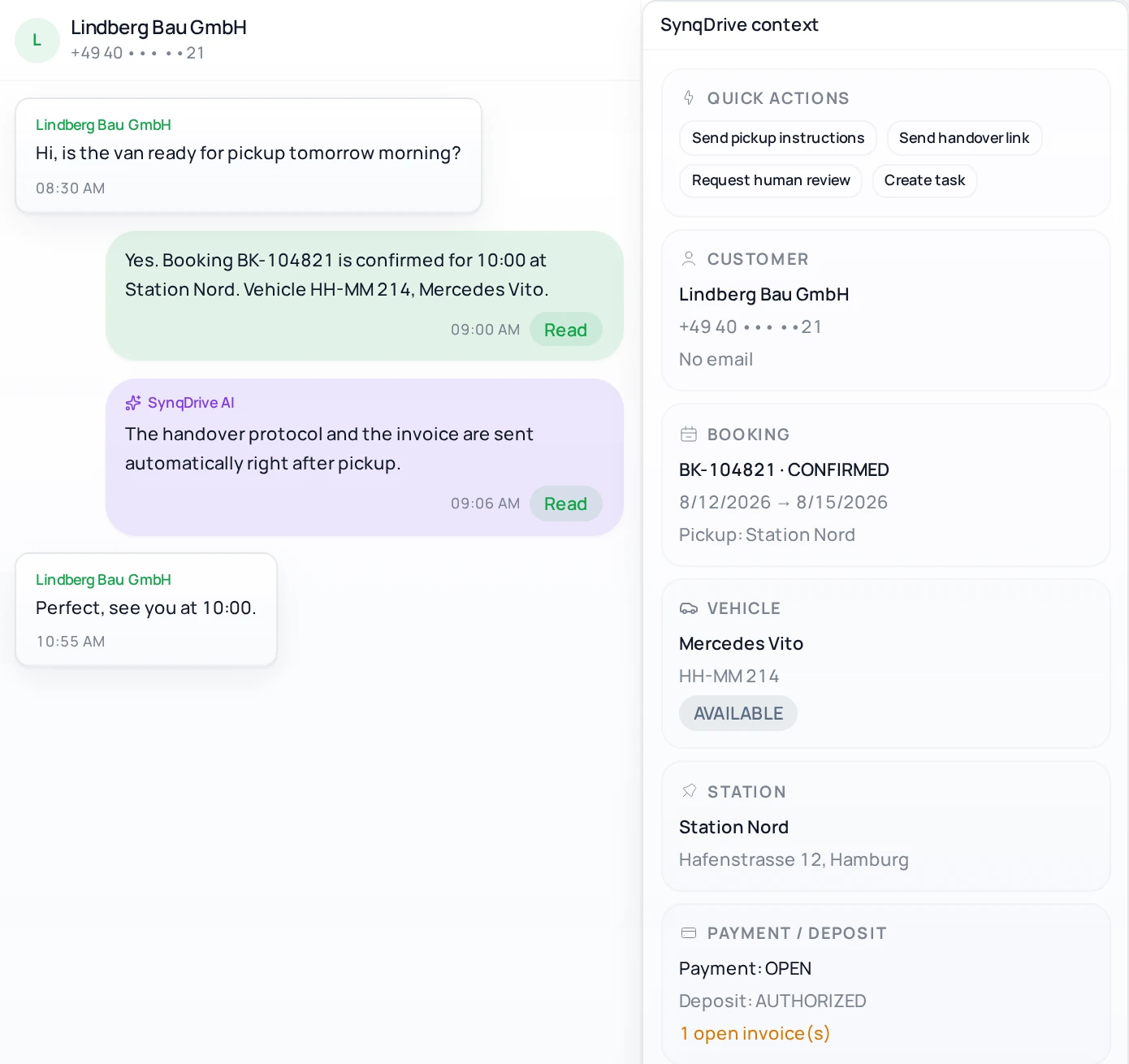 SynqDrive Kundenkonversation neben ihrem operativen Kontext: Buchung, Fahrzeug, Station, Zahlungsstatus und Dokumente.